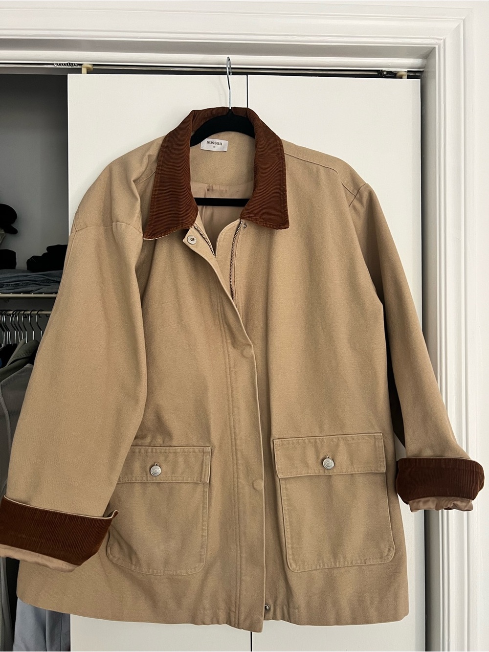 Sussan Beige Barn Jacket with Brown Corduroy Collar